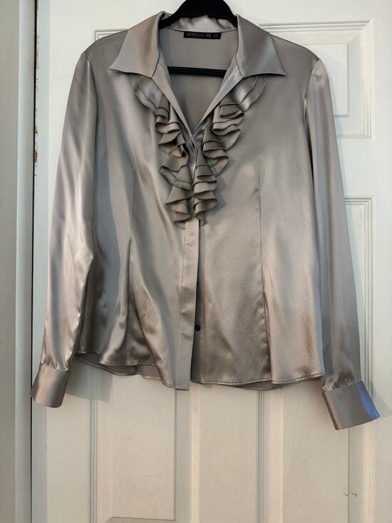 Lafayette 148 New York Tops - Lafayette 148 New York Silk Satin Ruffle Front Blouse Silver Metallic size 6